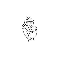 Obraz premium Black and white line art of a beautiful mother lovingly embracing her baby minimalist tender illustration