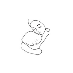 Black and white line art of a beautiful mother lovingly embracing her baby minimalist tender illustration