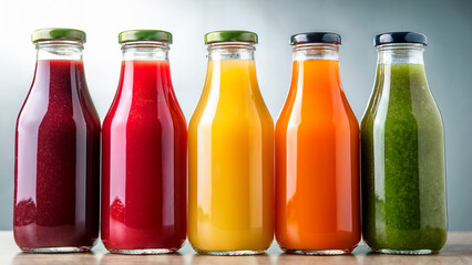 Colorful fresh juice bottles with fruits, representing healthy lifestyle and natural drinks