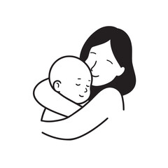 Black and white line art of a beautiful mother lovingly embracing her baby minimalist tender illustration