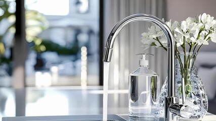 Modern kitchen sink with a tall curved chrome faucet, a soap dispenser, and a vase of white flowers on the counter.