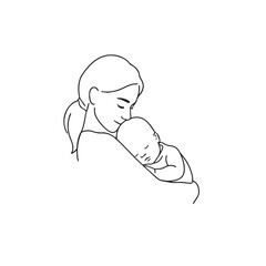Black and white line art of a beautiful mother lovingly embracing her baby minimalist tender illustration