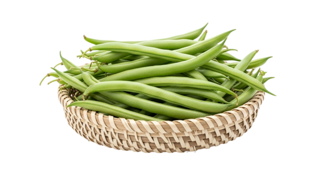 Freshly picked green beans overflowing from a rustic woven basket ready for a healthy meal prep with clean studio light