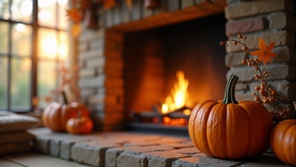 Pumpkins and autumn decor near fireplace in cozy room setting