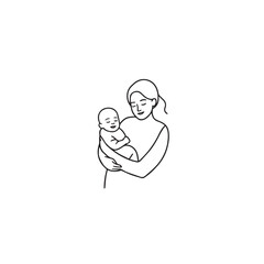 Black and white line art of a beautiful mother lovingly embracing her baby minimalist tender illustration