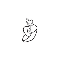 Black and white line art of a beautiful mother lovingly embracing her baby minimalist tender illustration