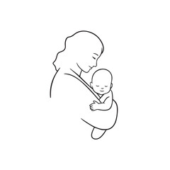 Black and white line art of a beautiful mother lovingly embracing her baby minimalist tender illustration