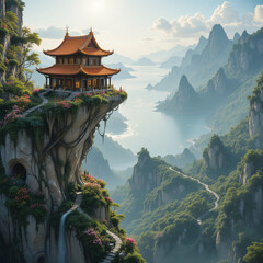 한국 풍의 궁궐이 천년고도 아드막한 산기슭에 자리잡은 그림