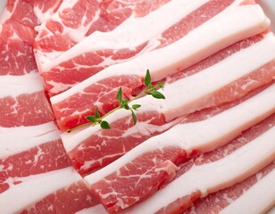 Fresh sliced pork belly with thyme sprig