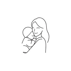 Black and white line art of a beautiful mother lovingly embracing her baby minimalist tender illustration