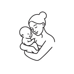 Black and white line art of a beautiful mother lovingly embracing her baby minimalist tender illustration