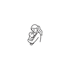 Black and white line art of a beautiful mother lovingly embracing her baby minimalist tender illustration