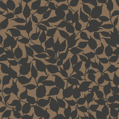 Fototapeta premium Hand drawn vector floral seamless pattern with leaves in black on brown craft. Garden plant background.