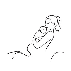 Black and white line art of a beautiful mother lovingly embracing her baby minimalist tender illustration