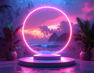 Neon circle, tropical plants, sunset scene on a podium