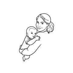 Black and white line art of a beautiful mother lovingly embracing her baby minimalist tender illustration