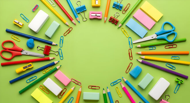 Colorful School Supplies Arranged in a Circle on Green Background.