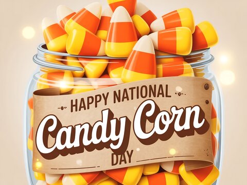 Happy national candy corn day with candy corn in a jar with lights