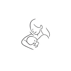 Black and white line art of a beautiful mother lovingly embracing her baby minimalist tender illustration