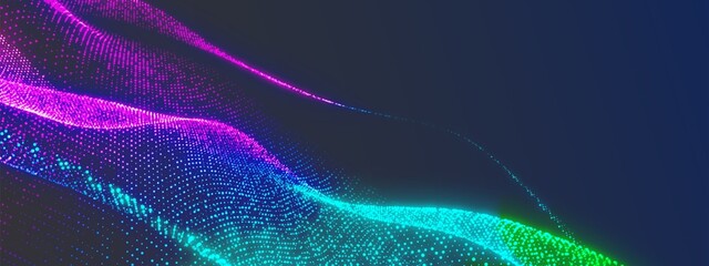 Abstract neon waves of dots, particles, and molecules, intertwining cosmic spaces with the Milky Way and glowing light, ideal for technology, music, advertisements, and promotional posters