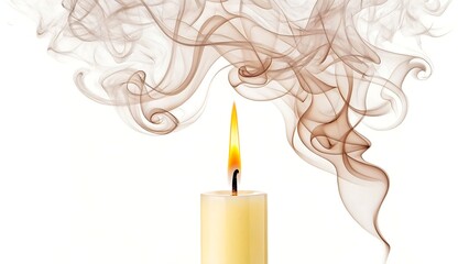 Burning candle with rising smoke in soft artistic pattern isolated on white background