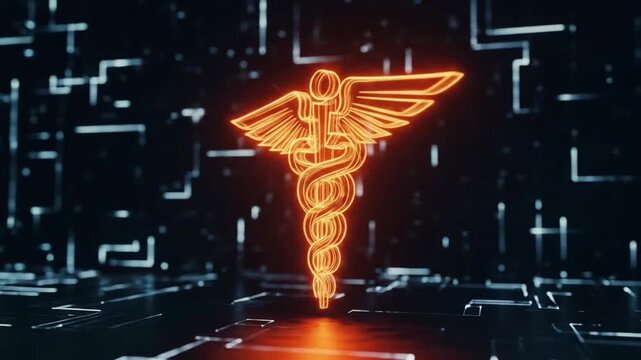 Futuristic Caduceus Symbol Animation Glowing on a Digital Grid Backdrop