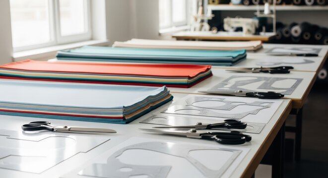 Fabric rolls and sewing tools on a table in a studio