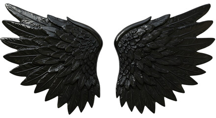 Obraz premium Elegant Black Angel Wings with Glossy Feathers on Dark Background png clear alpha channel cutout isolated on transparent background