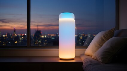 Serene Modern Floor Lamp: Ambient Nightlight Glow, Cityscape View, Bedroom Setting