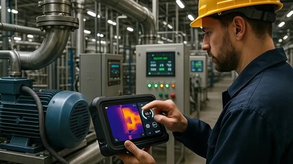 Industrial engineer inspecting factory machinery with thermal imaging device for predictive maintenance - Powered by Adobe