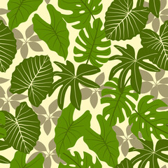 Abstract seamless tropical pattern with bright plants and leaves on a delicate yellow background. Seamless pattern with colorful leaves and plants. Seamless botanical pattern with plants.