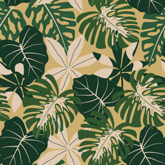 Abstract seamless tropical pattern with bright plants and leaves on a dark yellow background. Beautiful seamless vector floral pattern. Exotic jungle wallpaper. Tropical botanical.