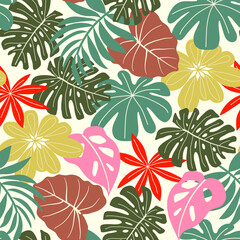 Abstract seamless tropical pattern with bright plants and leaves on a soft pastel background. Beautiful print with hand drawn floral plants. Vector design. Jungle print. Floral background. 