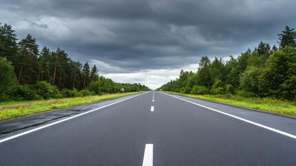 Fototapeta premium asphalt. Panoramic view of an empty road under cloudy skies, capturing a serene and open landscape. travel magazines, destination branding, designed for outdoor magazines and nature guides.
