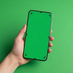 A modern smartphone with a solid green screen is held in a hand against a vibrant green background.