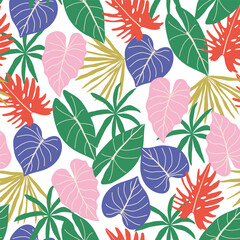 Abstract seamless tropical pattern with bright plants and leaves on a light background. Summer colorful hawaiian seamless pattern with tropical plants. Beautiful seamless vector floral pattern.
