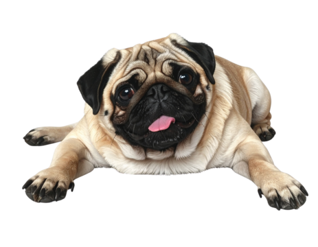 Realistic Pug Lying Down with Head Tilt, Side Angle, isolated on transparent background.