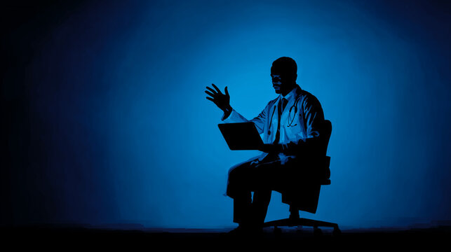 Doctor in dark room sits on chair with laptop, gesturing while explaining medical information