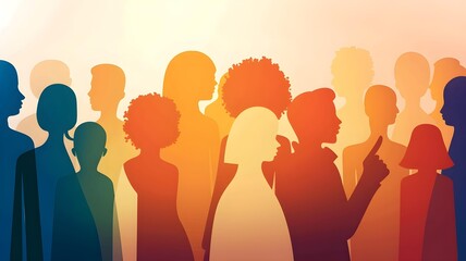 A diverse group of peoples silhouettes are displayed against a warm, gradient sunset sky, symbolizing unity, community, and togetherness in a vibrant crowd