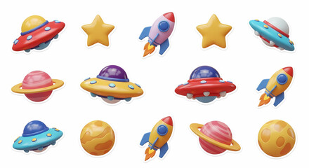 Naklejka premium 3D space icons, including colorful rockets, flying saucers, planets, and stars, isolated on a white background.