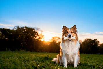 A Rough Collie dog is sitting in a grassy field with a bone in its mouth