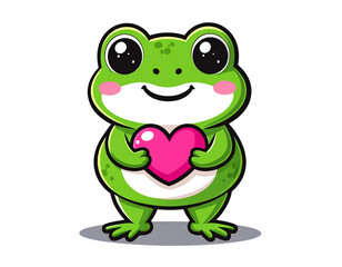 Fototapeta premium Kawaii Frog Holding a Pink Heart, Standing Pose, isolated on transparent background.