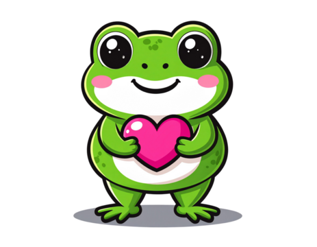  Kawaii Frog Holding a Pink Heart, Standing Pose, isolated on transparent background.