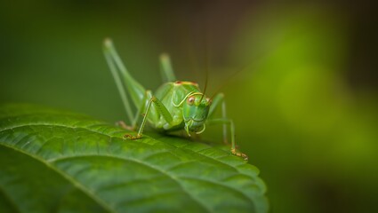 Vibrant Green Katydid on Lush Leaf; Close-Up Macro Photography; Serene Nature Image