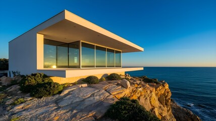 Modern minimalist house with large glass windows perched on a rocky cliff overlooking the ocean at sunset, showcasing architectural design and coastal living