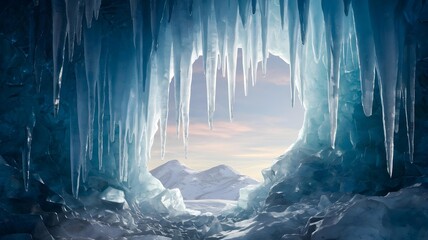 View from inside a glistening ice cave with large icicles hanging down, revealing a snowy mountain landscape and soft sky in the distance during daytime