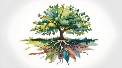A vibrant watercolor illustration of a tree with lush green leaves and an extensive root system, symbolizing growth, life, and connection to the earth, isolated on white background