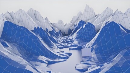 Abstract digital landscape with geometric mountains and a river, rendered in a lowpoly style with a blue and white color palette and a network of dots