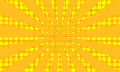 Retro orange sun rays on yellow halftone pattern background. Dotted or noise texture. Bright pixel art comic and pop-up design. Vector wall for poster, banner, advertising.