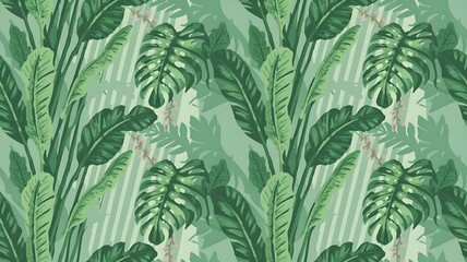 A seamless tropical jungle leaf pattern with various green monstera and banana leaves, accented with subtle floral elements